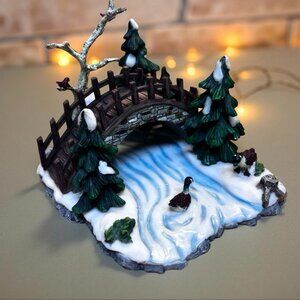 Winter Bridge Over Icy Pond – Christmas Village Accessory Victorian Country Rust